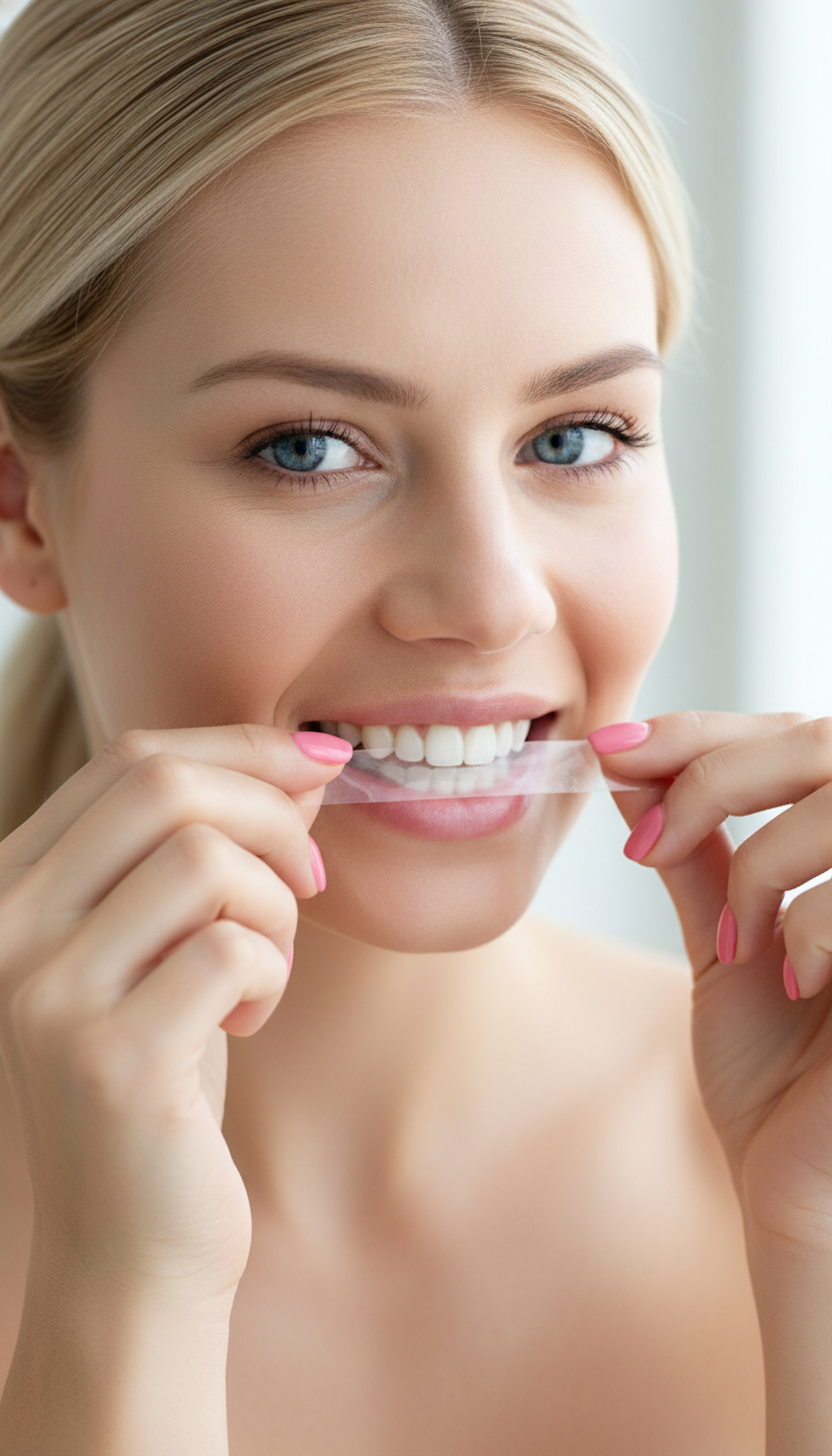 Teeth whitening strips designed for daily use, helping maintain a naturally brighter, healthy-looking smile. Lucent.