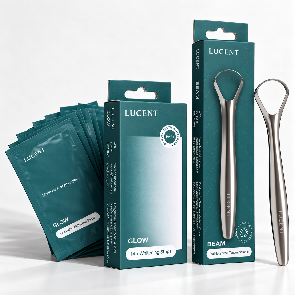 Glow Whitening Strips + Beam Tongue Scraper