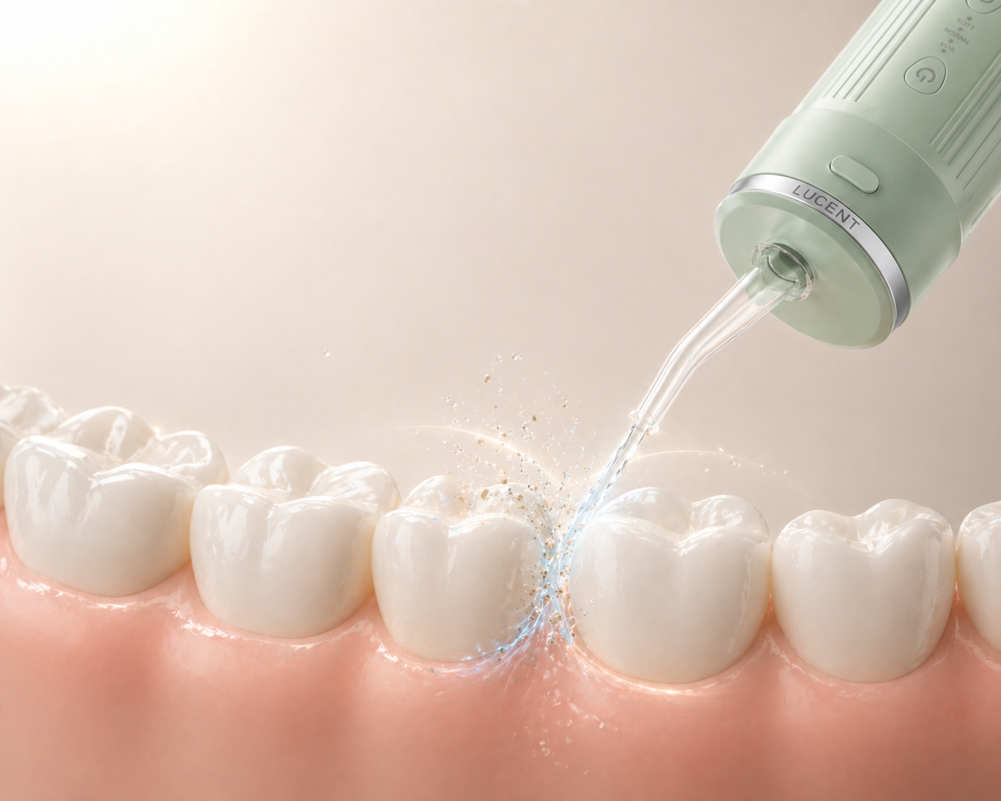 Teeth being cleaned with a Lucent Pulse water flosser on a beige background